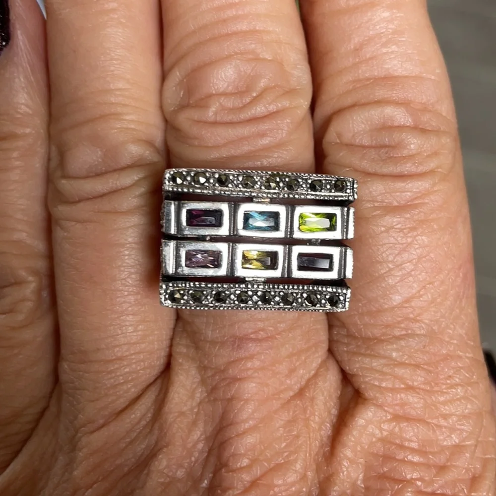 Vintage 925 Sterling Silver Marcasite Multi Gemstone Statement Ring